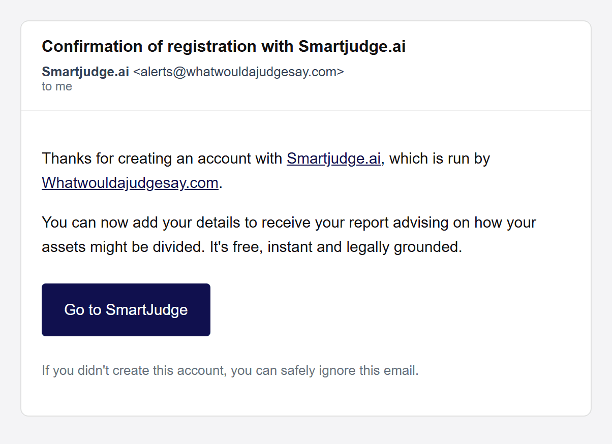Example of the confirmation email: subject 'Confirmation of registration with SmartJudge.ai', from SmartJudge.ai (alerts@whatwouldajudgesay.com), thanking you for creating an account.