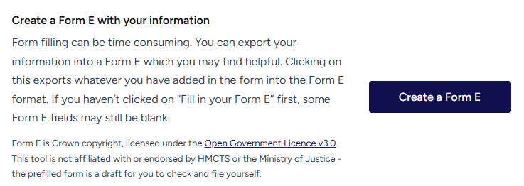 The 'Create a Form E with your information' card on the My Information screen, with the 'Create a Form E' button.