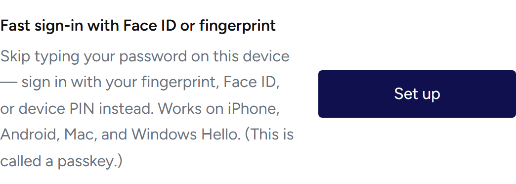 The 'Fast sign-in with Face ID or fingerprint' card, with a 'Set up' button.