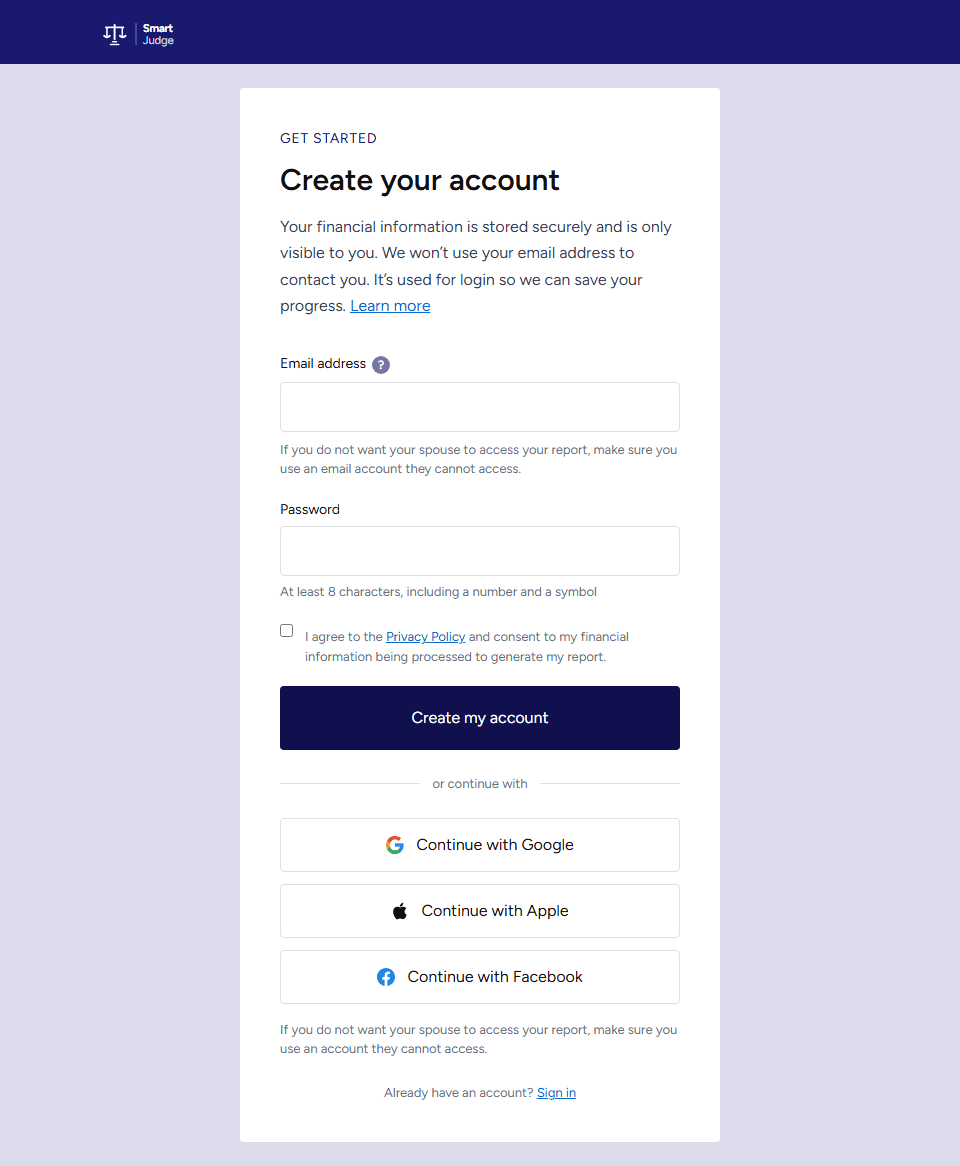 The SmartJudge account creation screen, showing the email address and password fields alongside the note that your email is used for login and not to contact you.