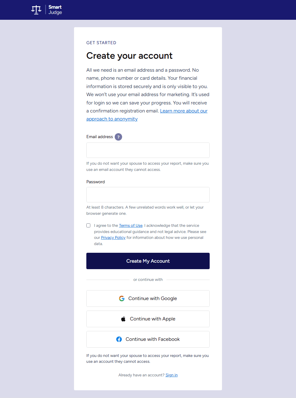 The SmartJudge account creation screen, showing the email address and password fields alongside the note that your email is used for login and not for marketing.