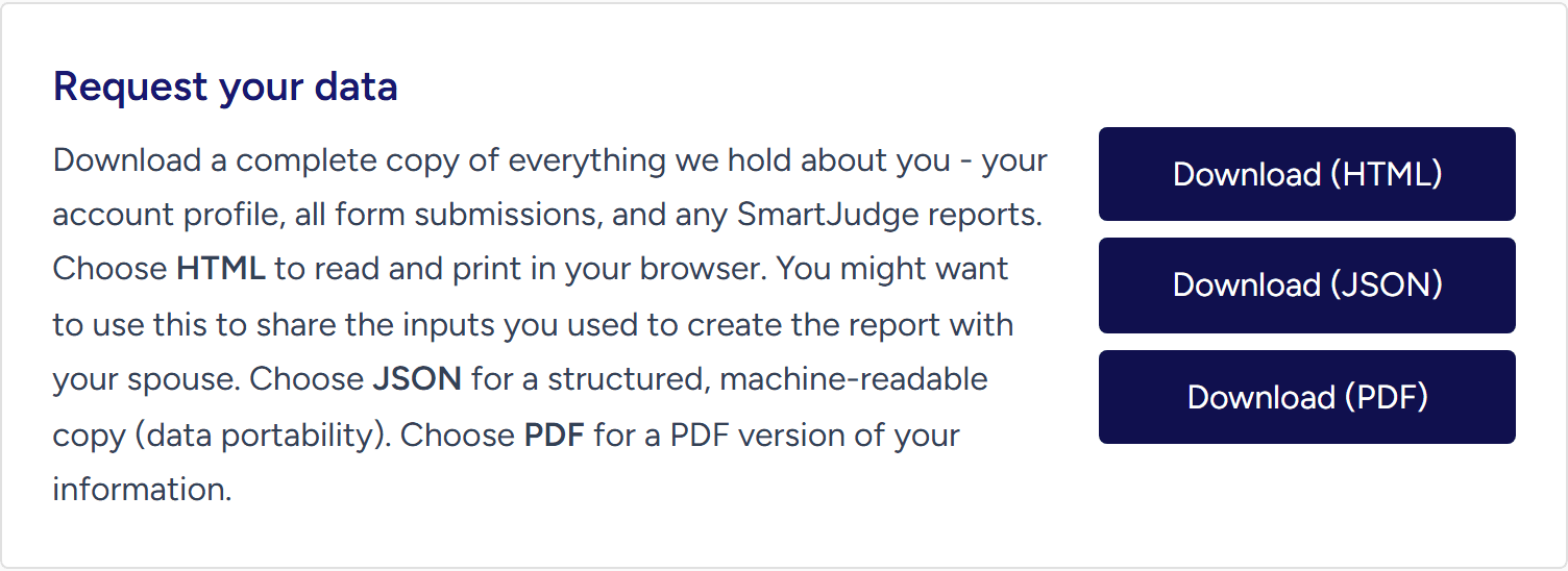 The 'Request your data' card on the My Information screen, with 'Download (HTML)', 'Download (JSON)' and 'Download (PDF)' buttons.