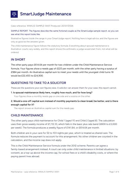 Page 1 of the example Maintenance report for a fictional couple: the summary, child maintenance and the needs gap