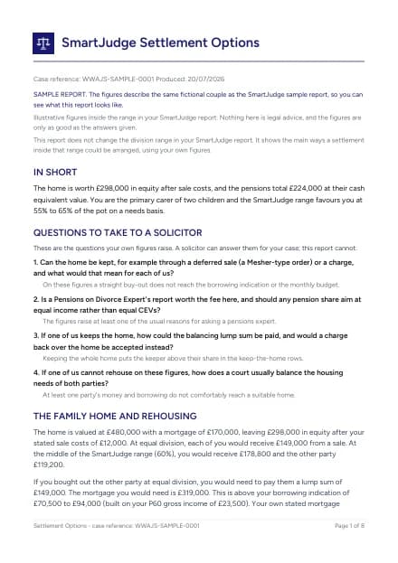 Page 1 of the example Settlement Options report for a fictional couple: the summary, questions to take to a solicitor and the family home