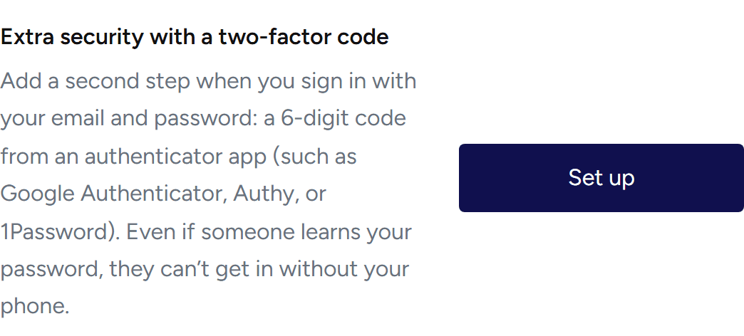 The 'Extra security with a two-factor code' card, with a 'Set up' button.